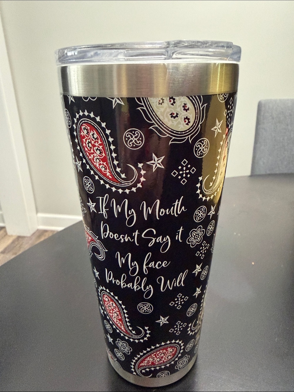 Insulated Black Paisley Travel Tumbler - Stainless Lid
